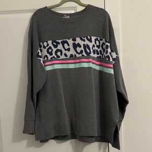 crown & ivy Gray Leopard Print Sweater with Pink and Green Stripes